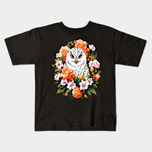 Cute Snowy Owl Surrounded by Bold Vibrant Spring Flowers Kids T-Shirt